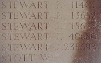 The name of Pte John Stewart, Arras Memorial