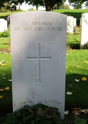 An unknown soldier's grave, Essex Farm Cemetery, Ypres, Flanders